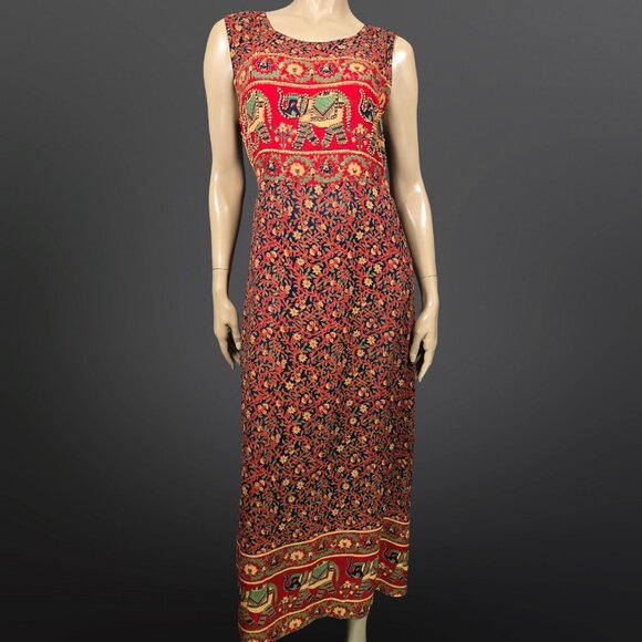 Vintage 90s Boho Maxi Granny Dress Size M Beaded Elephant Print Red Floral Rayon - Picture 1 of 11